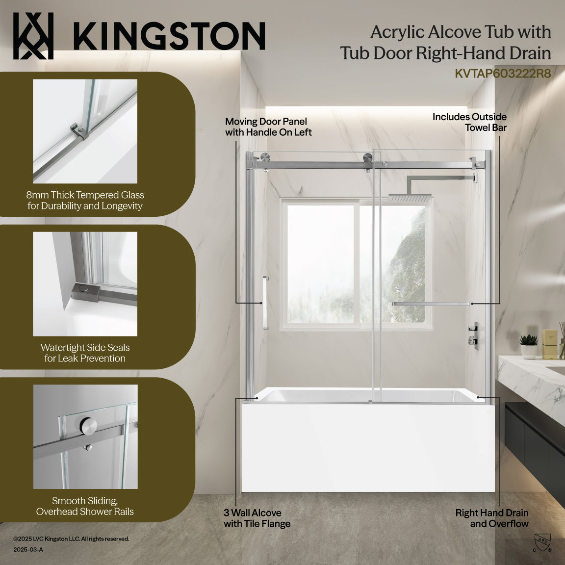 Kingston Brass KVTAP603222R1 60" Acrylic Rectangular 3-Wall Alcove Tub Combo with Tub Door (Right Hand Drain), White/Polished Chrome