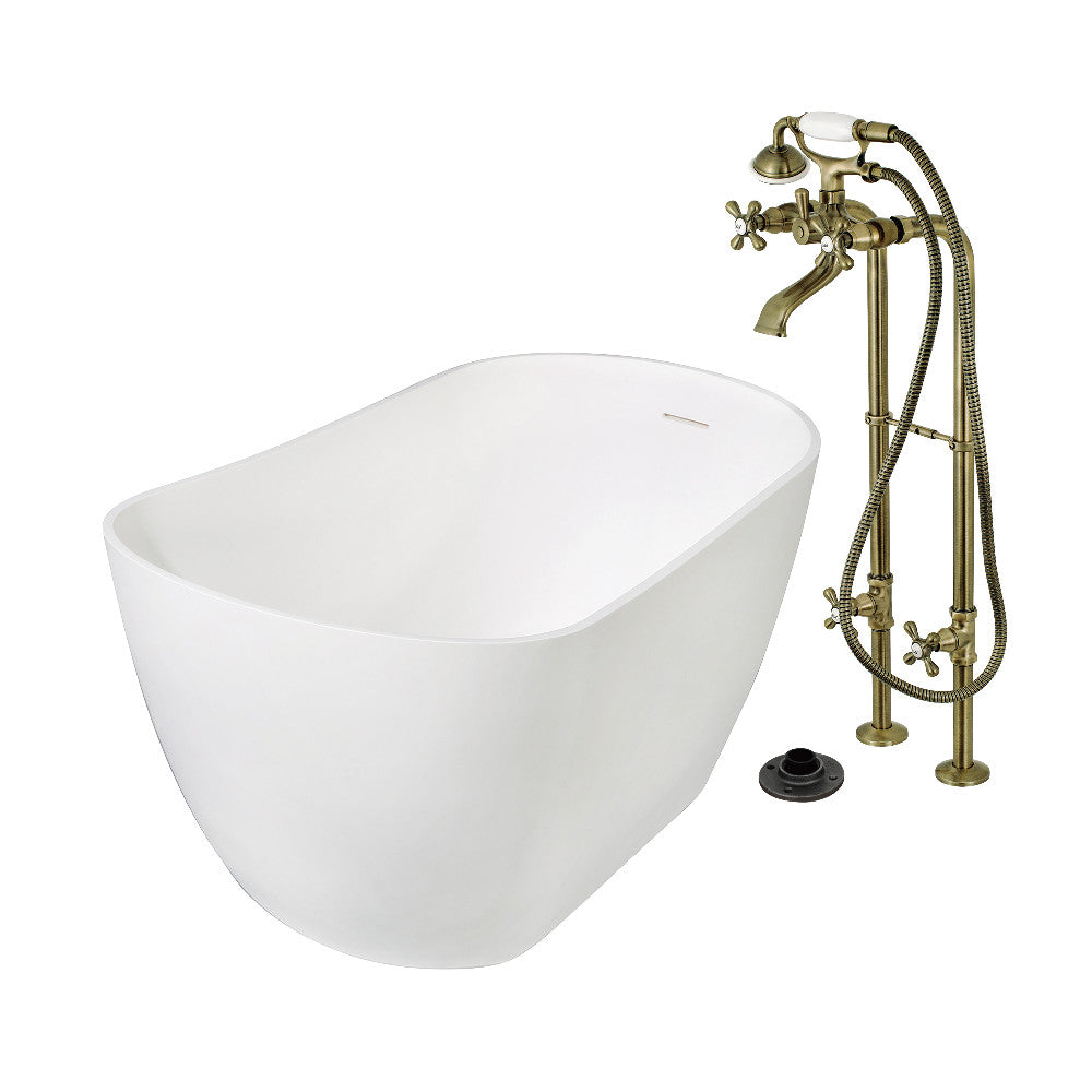 Kingston Brass KRTSS5130266K3 51" Solid Surface Oval Single Slipper Freestanding Tub with Faucet Combo and Drain, Antique Brass