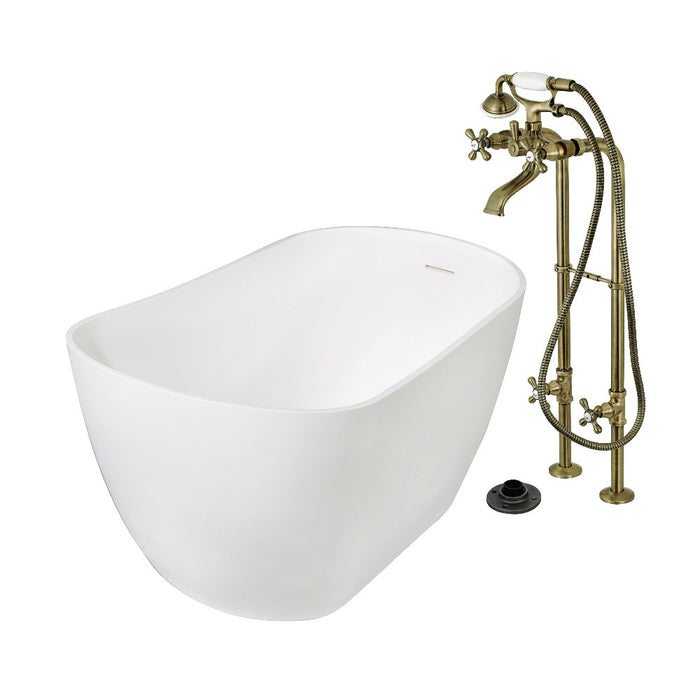 Kingston Brass KRTSS5130266K3 51" Solid Surface Oval Single Slipper Freestanding Tub with Faucet Combo and Drain, Antique Brass