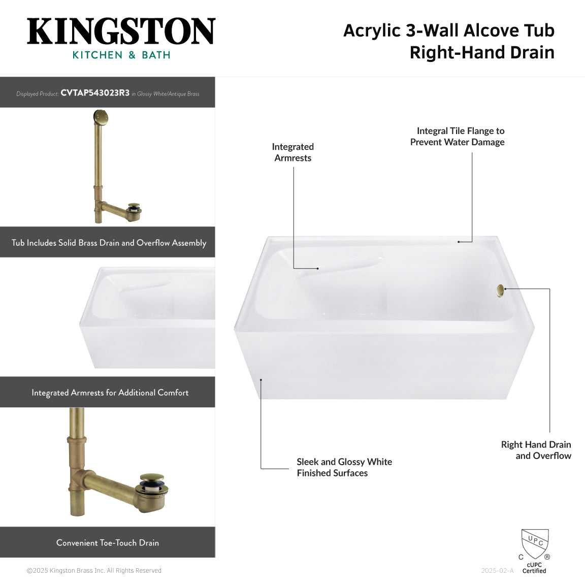 Aqua Eden CVTAP543023R2 54" Acrylic Rectangular 3-Wall Alcove Tub Combo with Armrests and Waste and Overflow Drain (Right Hand Drain), Glossy White/Polished Brass