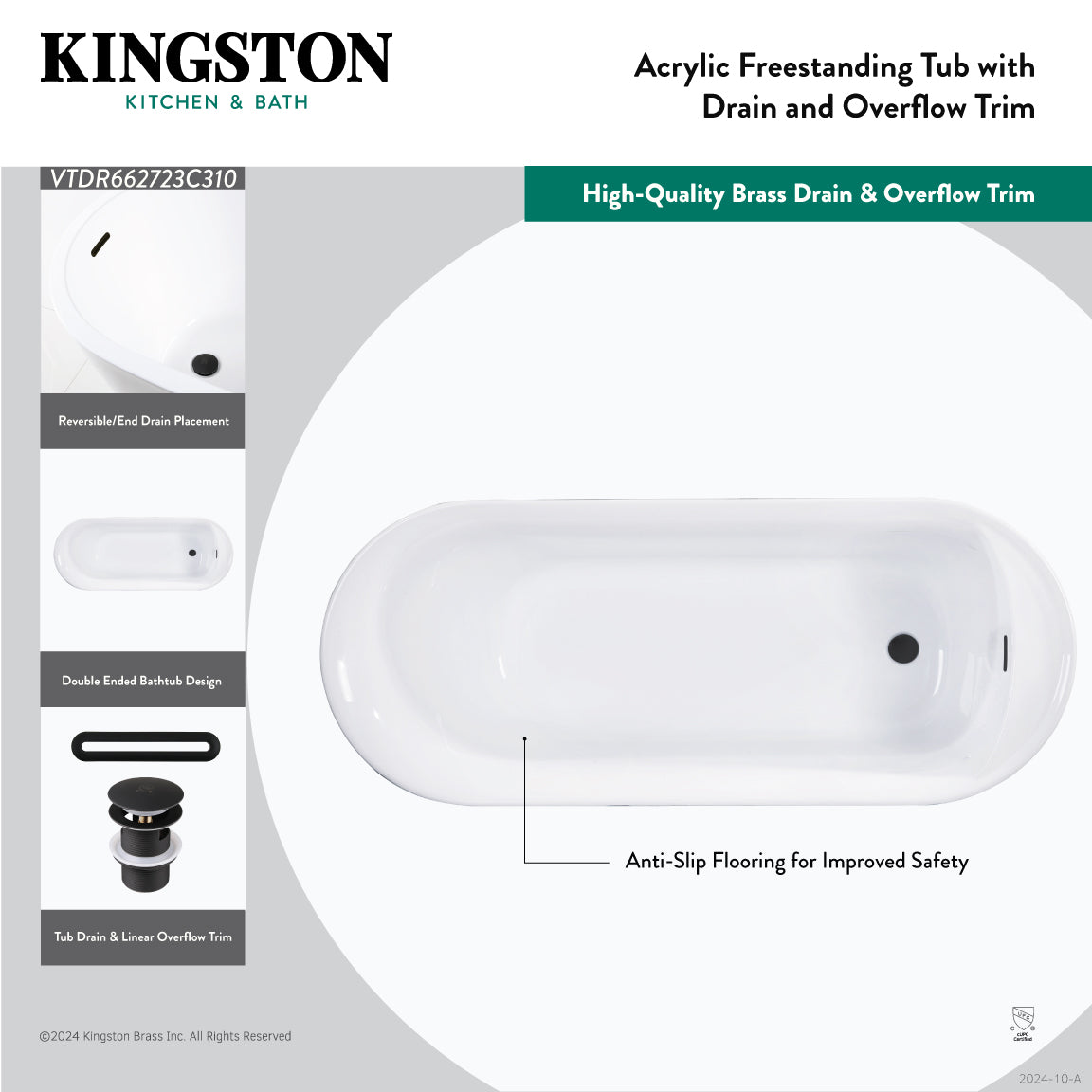 Kingston Brass VTDR662723C310 66" Acrylic Oval Double Ended Freestanding Tub with Drain and Anti-Skid Surface, Glossy White/Matte Black