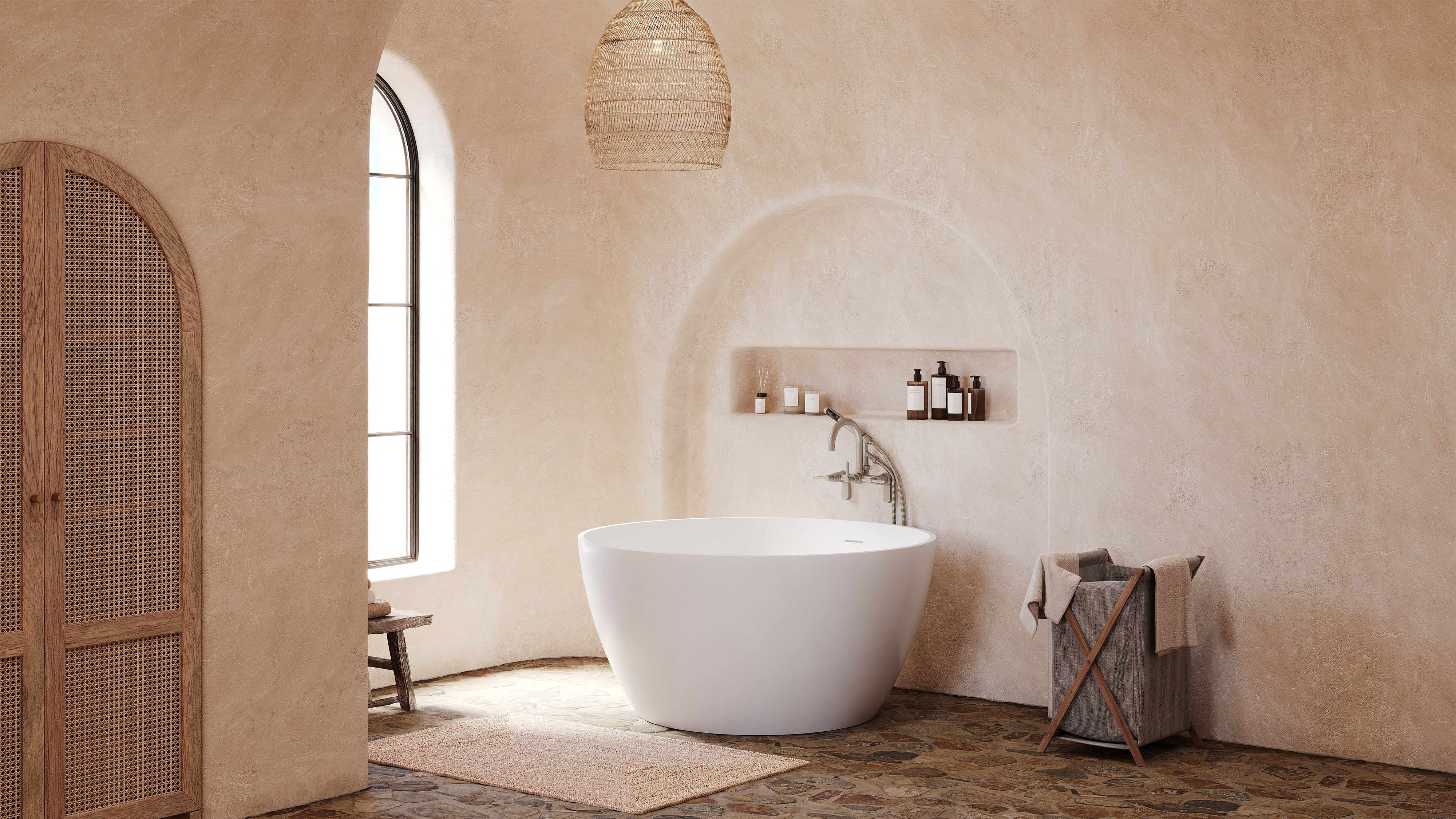 Kingston Brass KRTRO4545158DL 45" Solid Surface Round Double Ended Freestanding Tub with Faucet Combo and Drain, Brushed Nickel