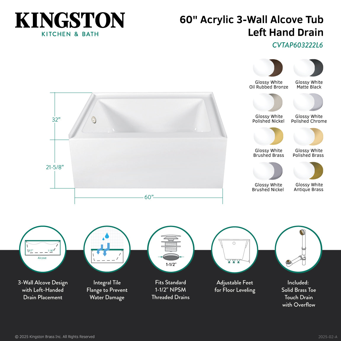 Aqua Eden CVTAP603222L2 60" Acrylic Rectangular 3-Wall Alcove Tub Combo with Waste and Overflow Drain (Left Hand Drain), Glossy White/Polished Brass