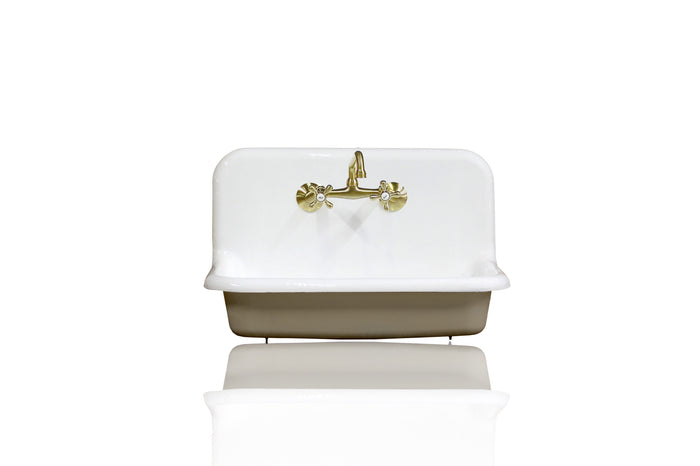 WatermarkFixtures 30" Antique Inspired High Back Farm Sink Cast Iron Original Porcelain Wall Mount Kitchen Sink Package Feu De Bois