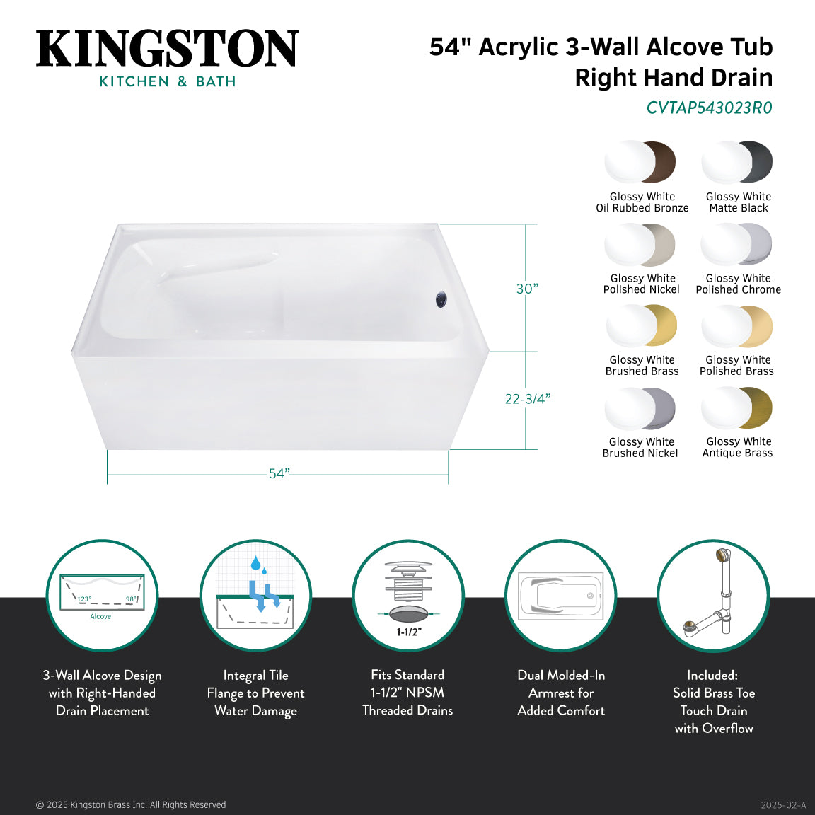 Aqua Eden CVTAP543023R3 54" Acrylic Rectangular 3-Wall Alcove Tub Combo with Armrests and Waste and Overflow Drain (Right Hand Drain), Glossy White/Antique Brass