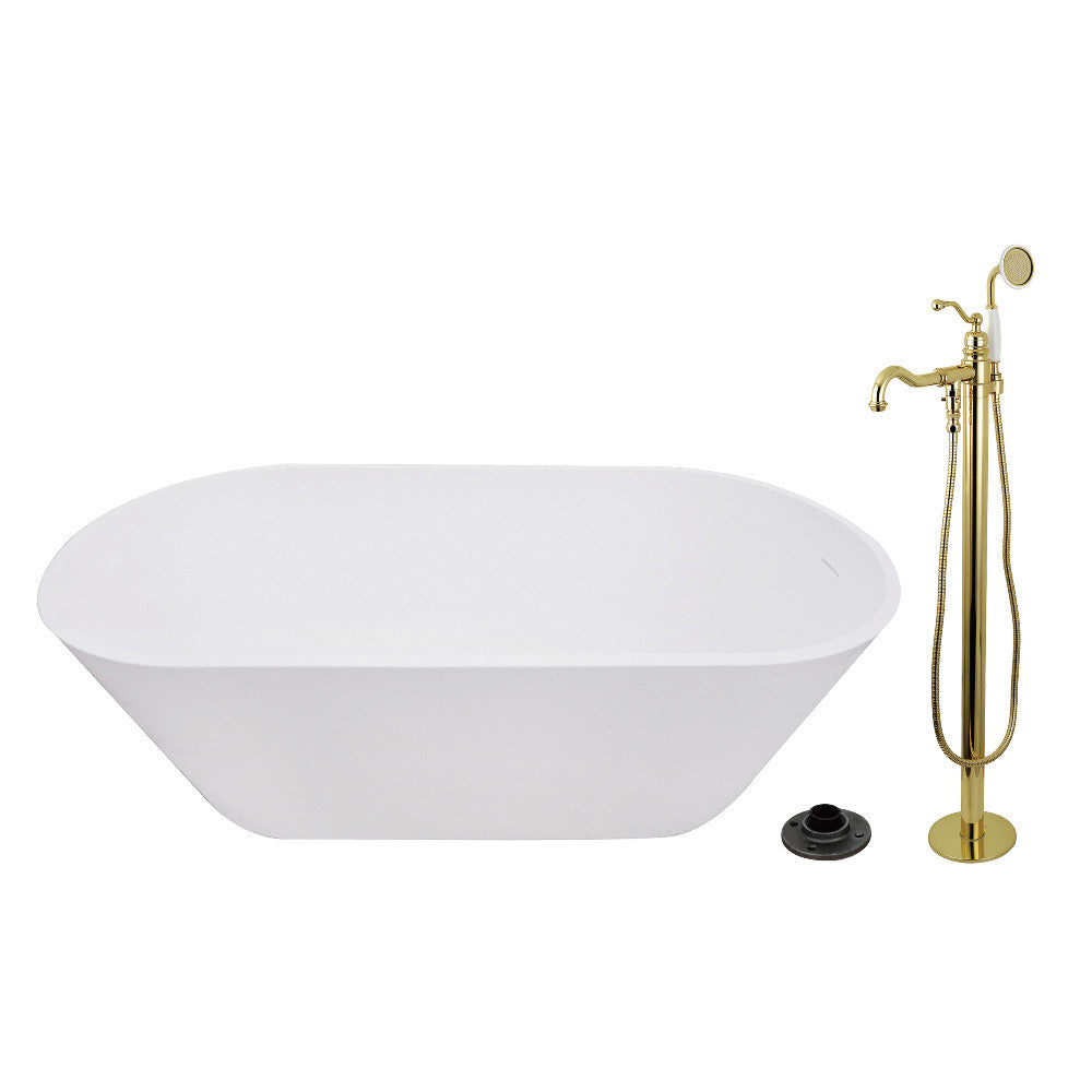 Kingston Brass KRTRS6731132AL 67" Solid Surface Oval Double Ended Freestanding Tub with Faucet Combo and Drain, Polished Brass
