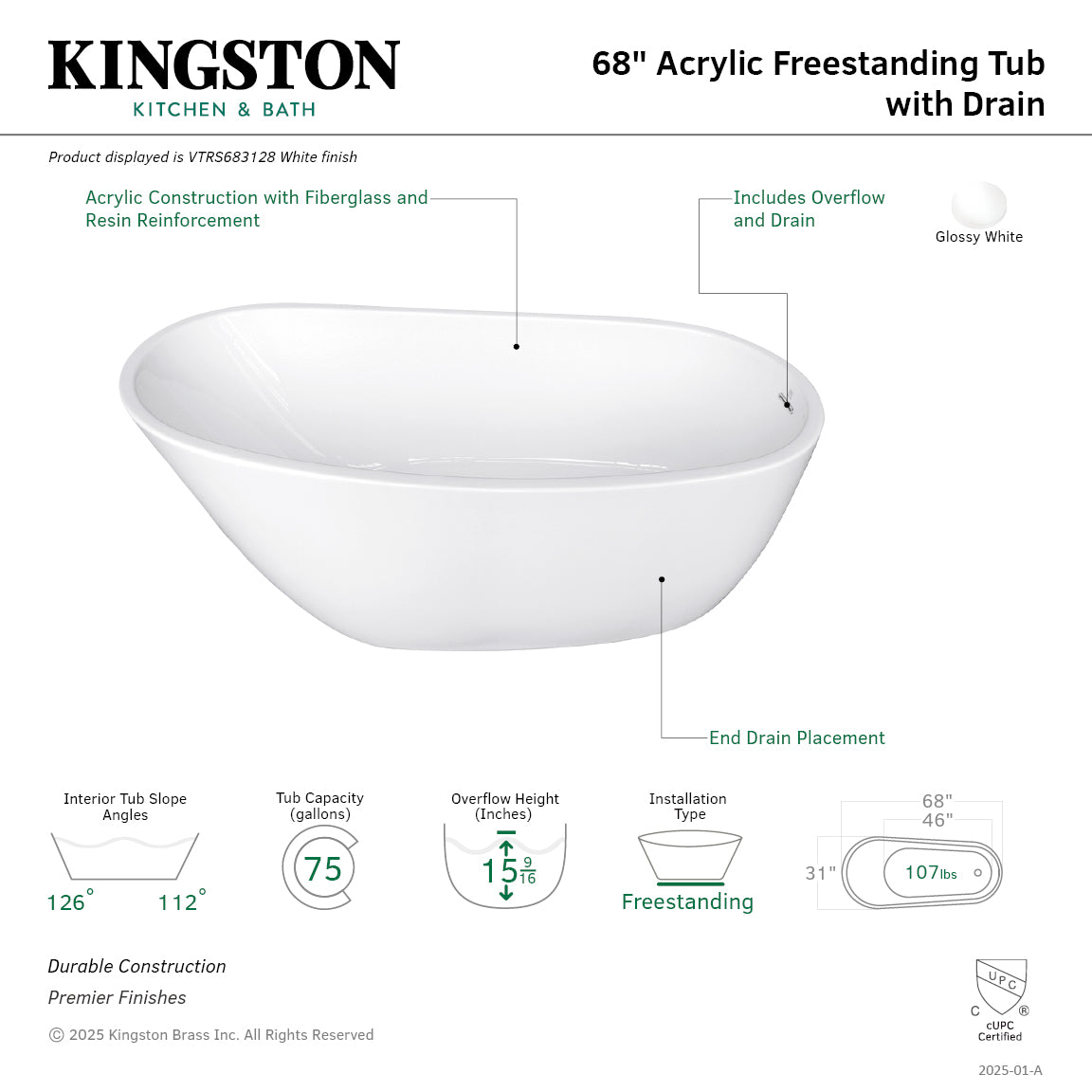 Kingston Brass VTRS683128 68" Acrylic Oval Single Slipper Freestanding Tub with Drain, Glossy White