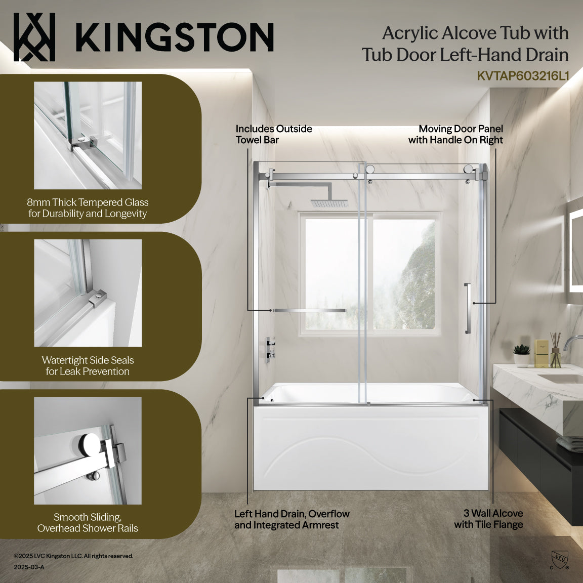 Kingston Brass KVTAP603216L7 60" Acrylic Rectangular 3-Wall Anti-Skid Alcove Tub Combo with Tub Door (Left Hand Drain), White/Brushed Brass