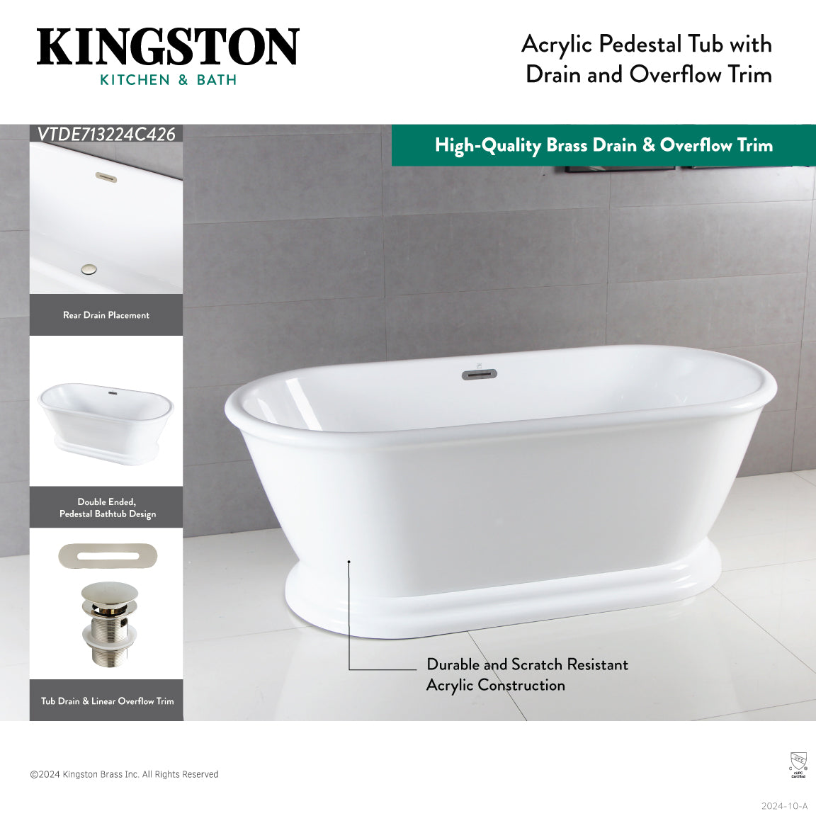 Kingston Brass VTDE713224C428 71" Acrylic Oval Double Ended Pedestal Tub with Drain (No Faucet Drillings), Glossy White/Brushed Nickel