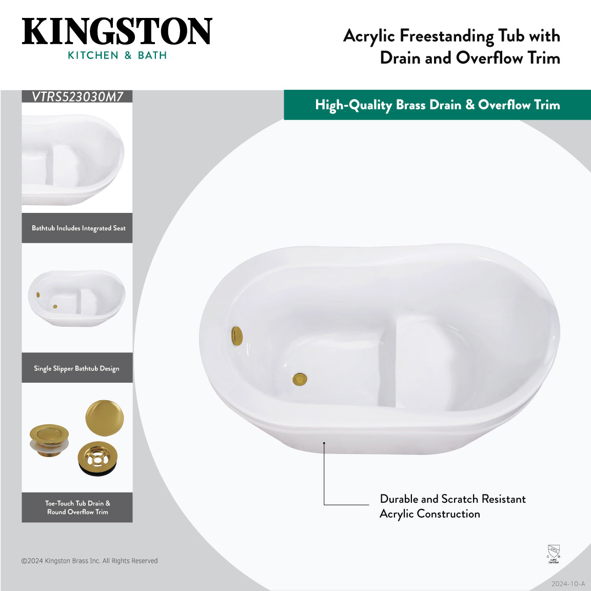 Kingston Brass VTRS523030M7 52" Acrylic Oval Single Slipper Freestanding Tub with Overflow/Drain Assembly and Integral Seat, Glossy White/Brushed Brass