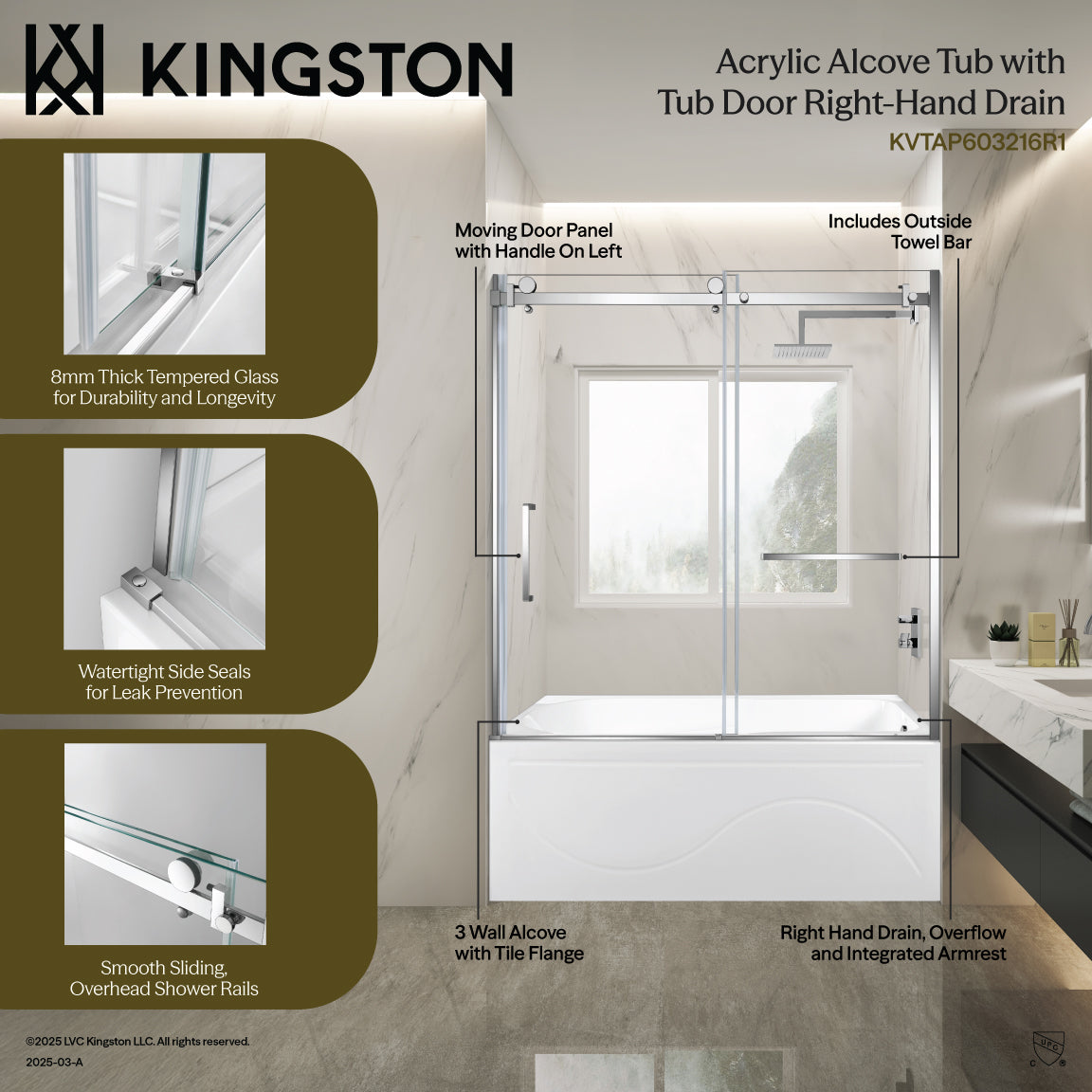 Kingston Brass KVTAP603216R0 60" Acrylic Rectangular 3-Wall Anti-Skid Alcove Tub Combo with Tub Door (Right Hand Drain), White/Matte Black