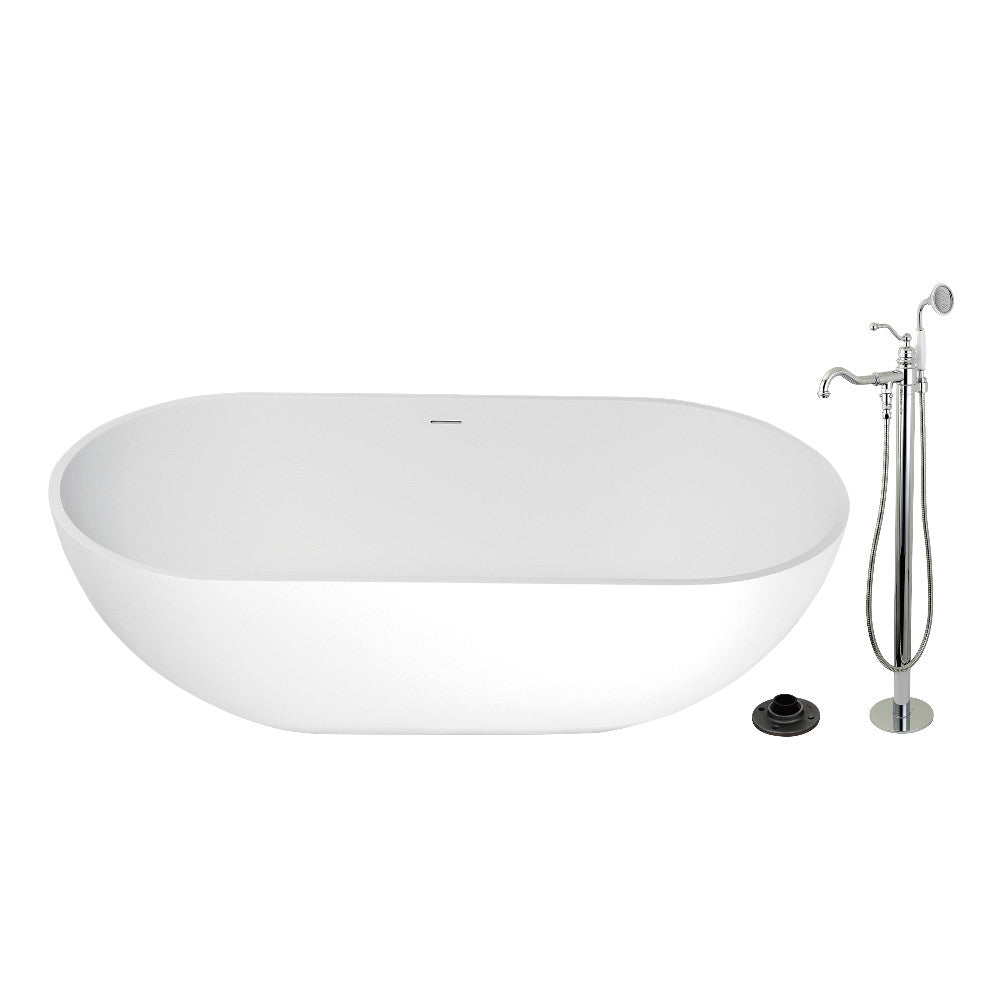 Kingston Brass KRTRS7035131AL 70" Solid Surface Oval Double Ended Freestanding Tub with Faucet Combo and Drain, Polished Chrome