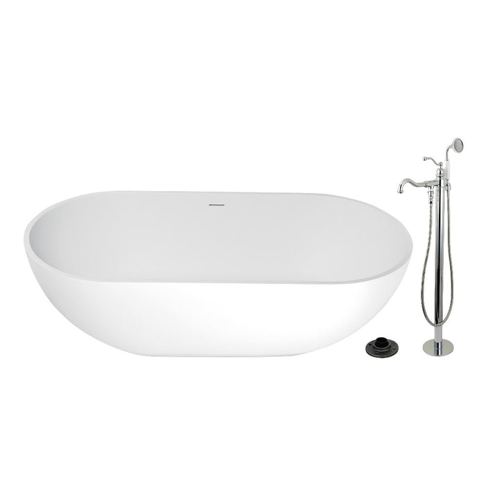 Kingston Brass KRTRS7035131AL 70" Solid Surface Oval Double Ended Freestanding Tub with Faucet Combo and Drain, Polished Chrome