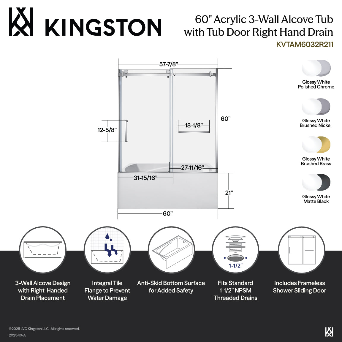 Kingston Brass KVTAM6032R218 60" Acrylic Rectangular 3-Wall Alcove Tub Combo with Tub Door (Right Hand Drain), White/Brushed Nickel