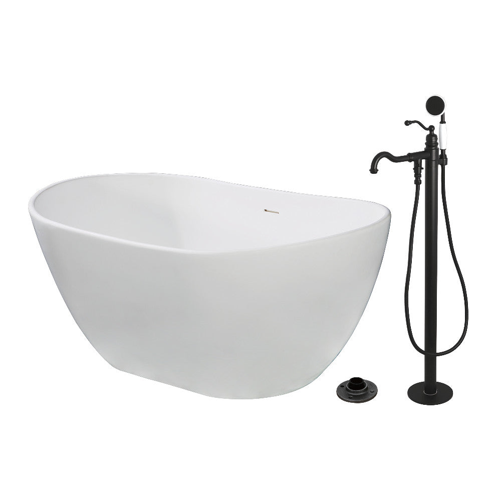 Kingston Brass KRTRS5732130AL 57" Solid Surface Oval Double Slipper Freestanding Tub with Faucet Combo and Drain, Matte Black
