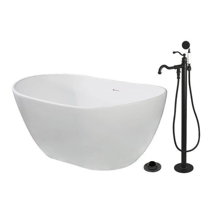Kingston Brass KRTRS5732130AL 57" Solid Surface Oval Double Slipper Freestanding Tub with Faucet Combo and Drain, Matte Black