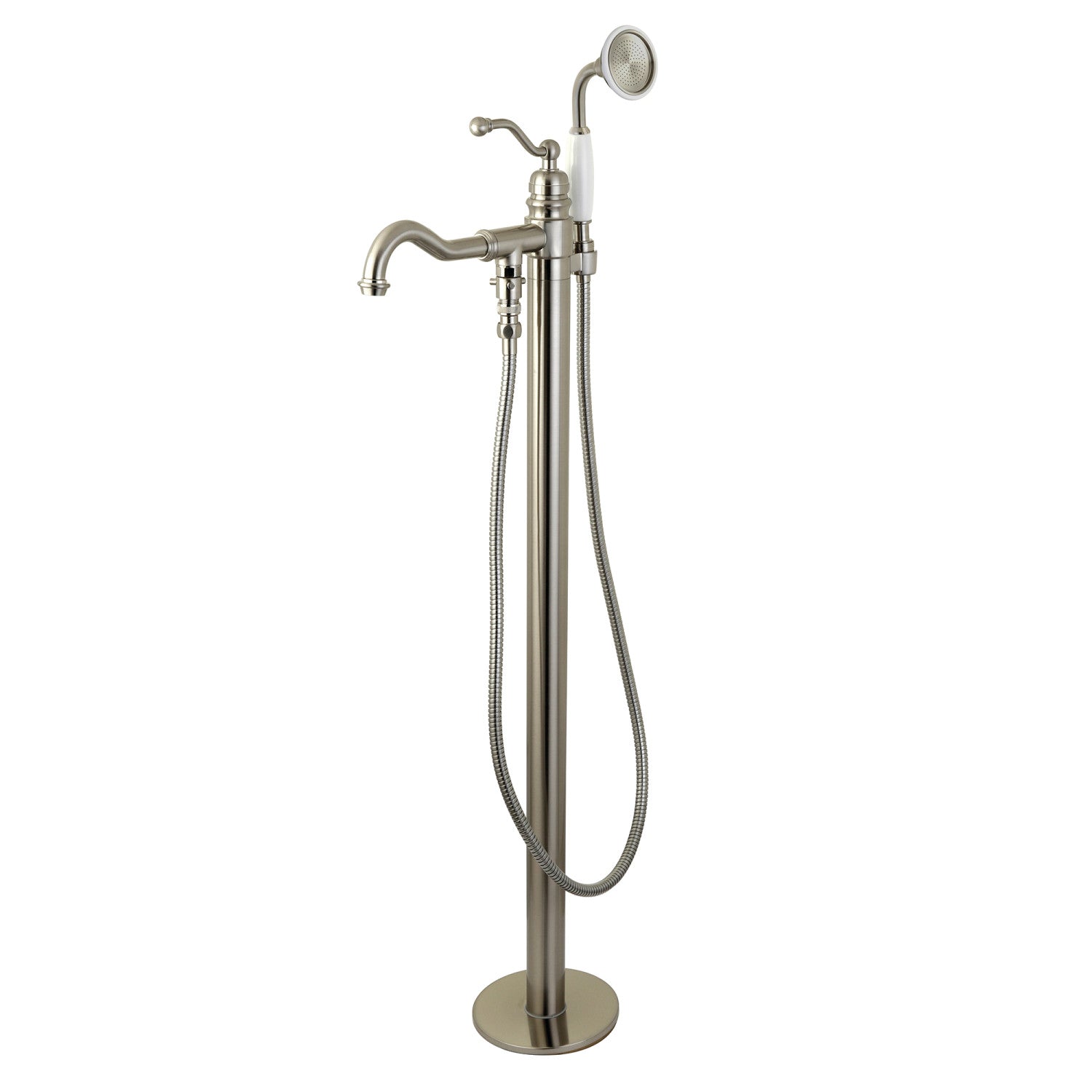 Kingston Brass KRTRO4545138AL 45" Solid Surface Round Double Ended Freestanding Tub with Faucet Combo and Drain, Brushed Nickel