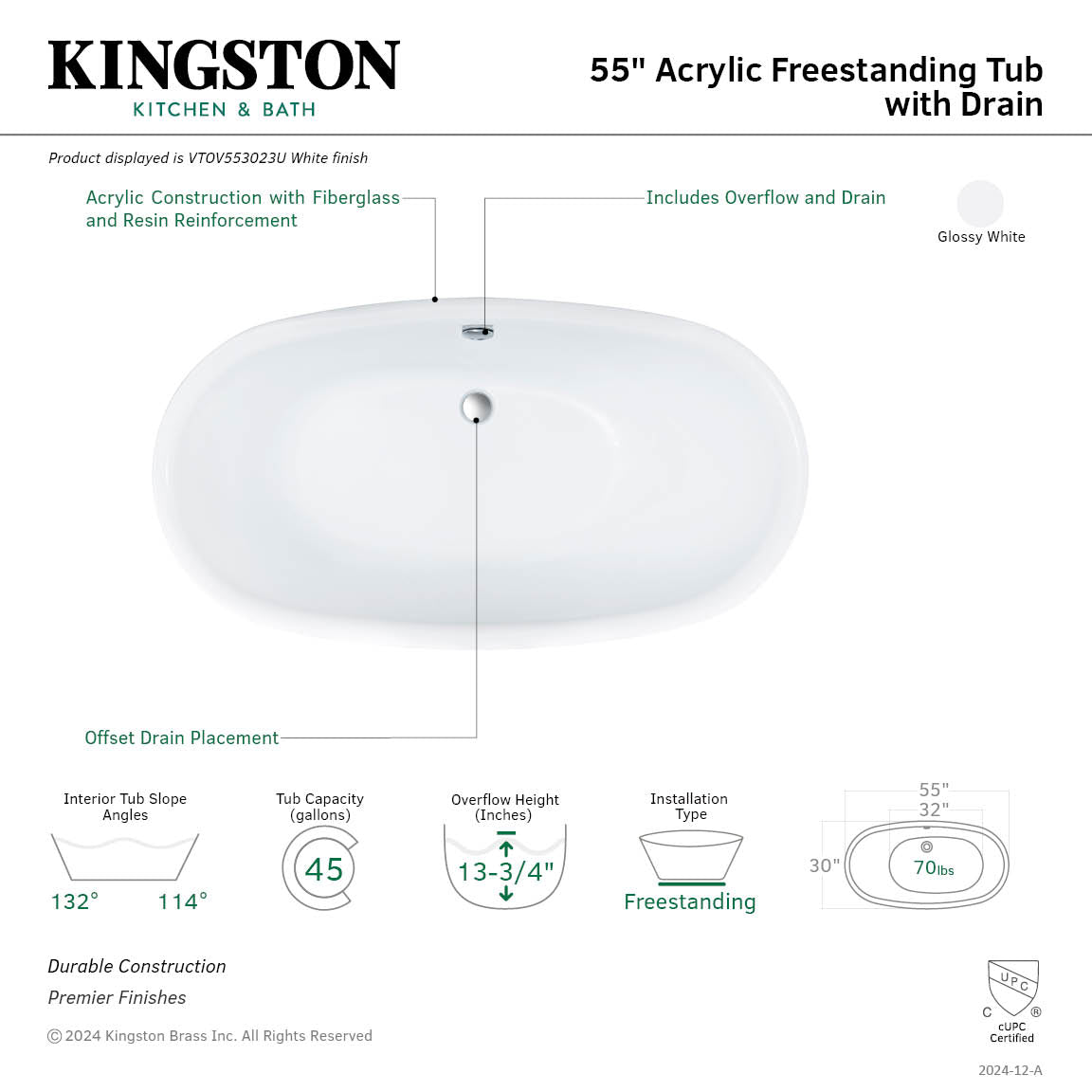 Kingston Brass VTOV553023U 55" Acrylic Oval Double Ended Freestanding Tub with Drain, Glossy White