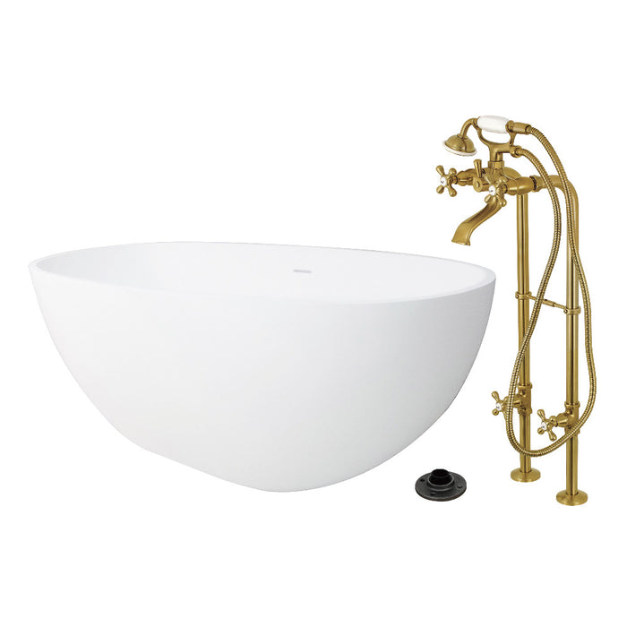 Kingston Brass KRTRS6531266K7 65" Solid Surface Oval Double Ended Freestanding Tub with Faucet Combo and Drain, Brushed Brass
