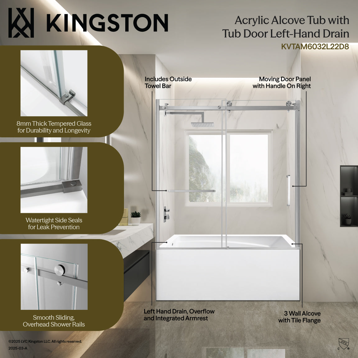 Kingston Brass KVTAM6032L22D0 60" Acrylic Rectangular 3-Wall Anti-Skid Alcove Tub Combo with Tub Door (Left Hand Drain), White/Matte Black