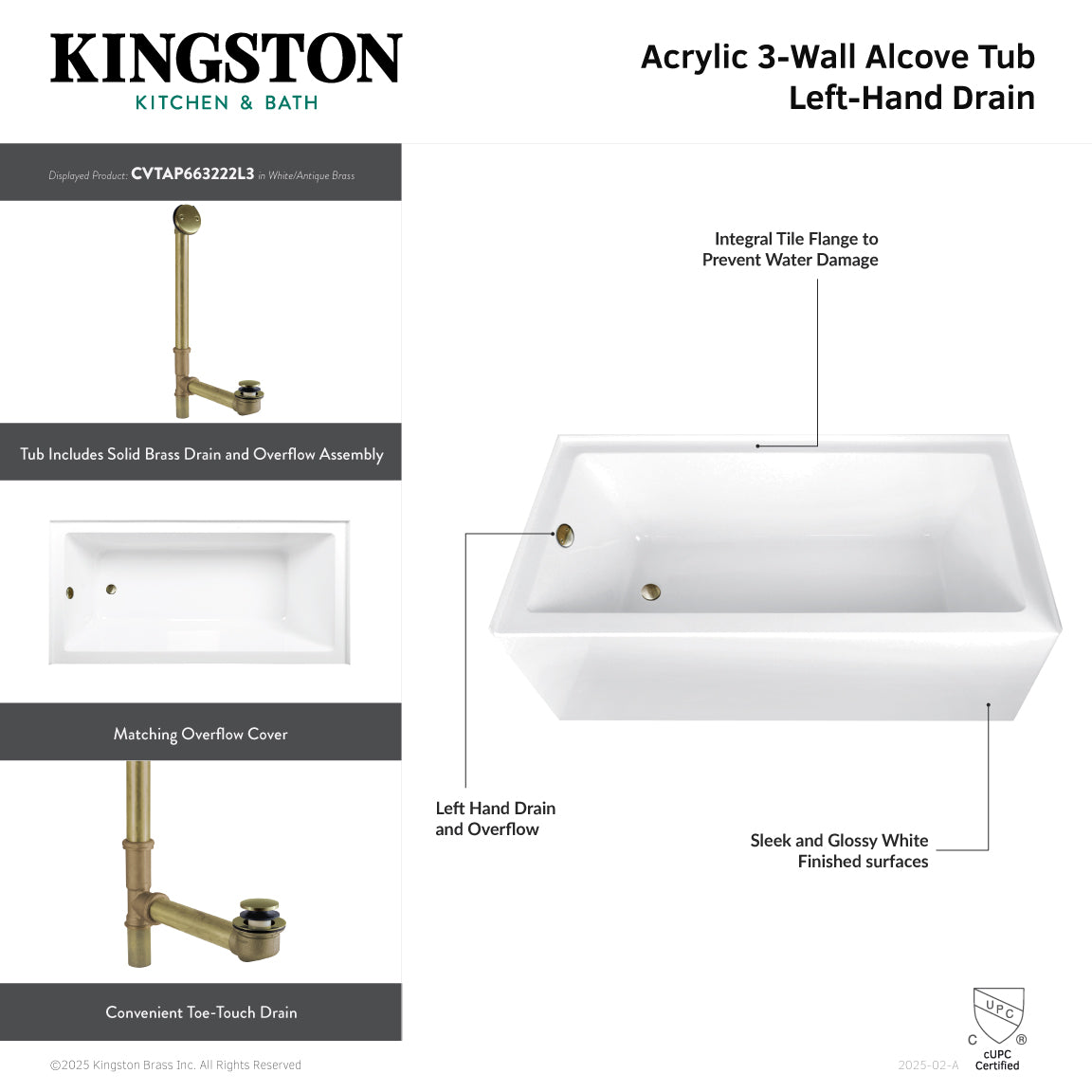 Aqua Eden CVTAP663222L1 66" Acrylic Rectangular 3-Wall Alcove Tub Combo with Waste and Overflow Drain (Left Hand Drain), Glossy White/Polished Chrome