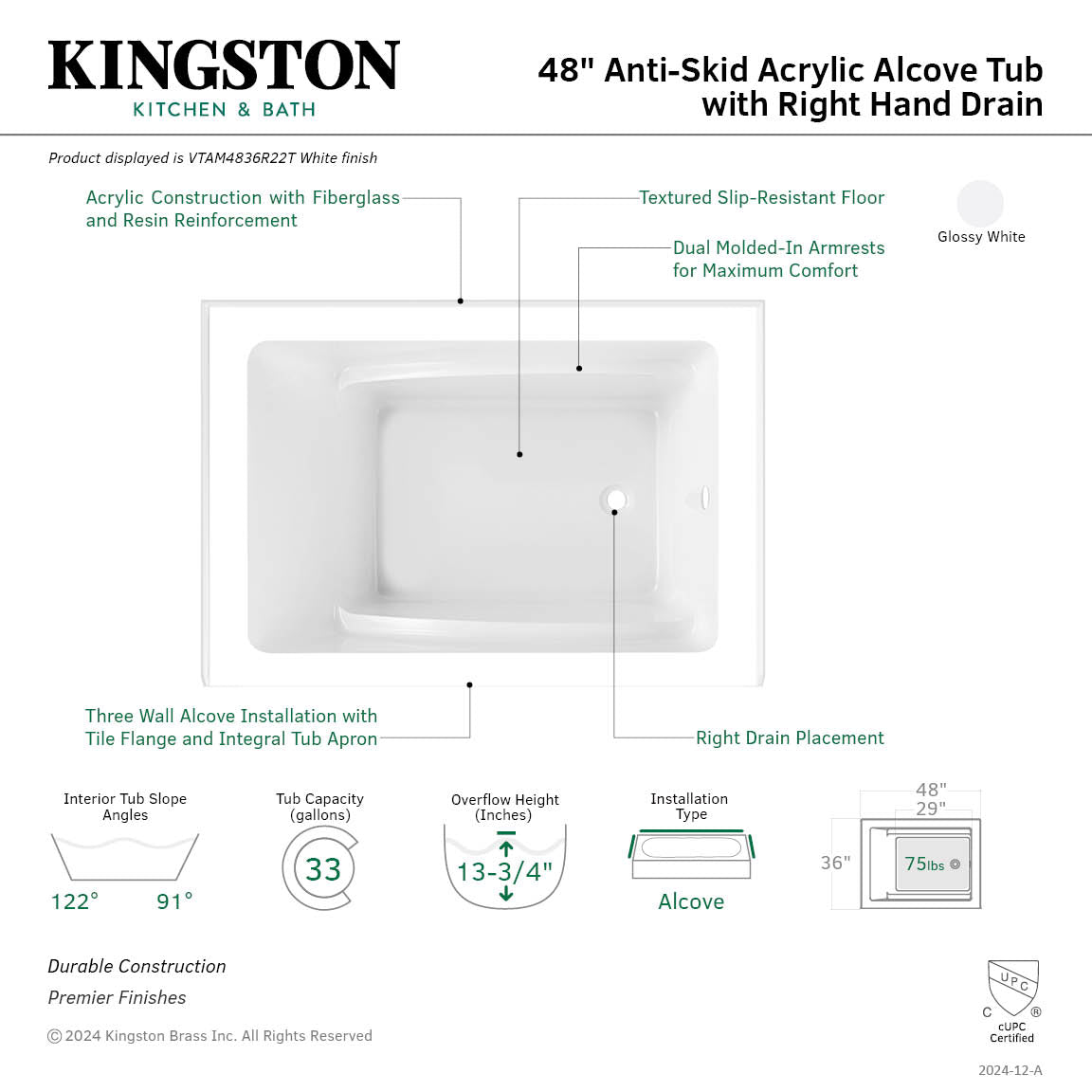 Aqua Eden VTAM4836R22T 48" Acrylic Rectangular 3-Wall Alcove Tub, Right Hand Drain, Glossy White
