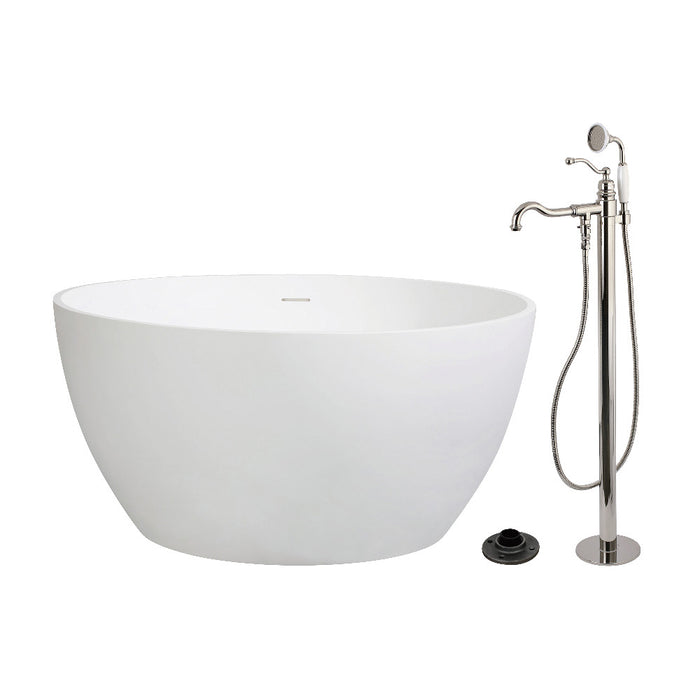 Kingston Brass KRTRO4545136AL 45" Solid Surface Round Double Ended Freestanding Tub with Faucet Combo and Drain, Polished Nickel