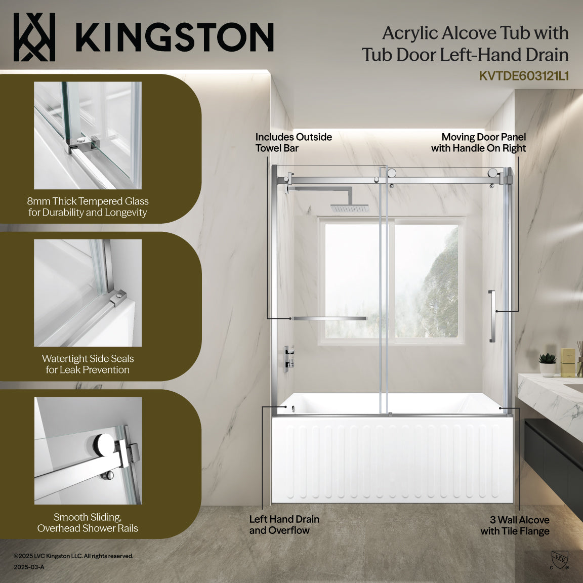 Kingston Brass KVTDE603121L7 60" Acrylic Rectangular 3-Wall Alcove Tub Combo with Tub Door (Left Hand Drain), White/Brushed Brass