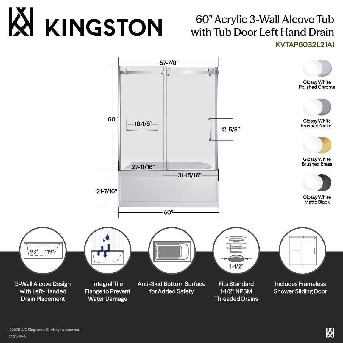 Kingston Brass KVTAP6032L21A0 60" Acrylic Rectangular 3-Wall Anti-Skid Alcove Tub Combo with Tub Door (Left Hand Drain), White/Matte Black