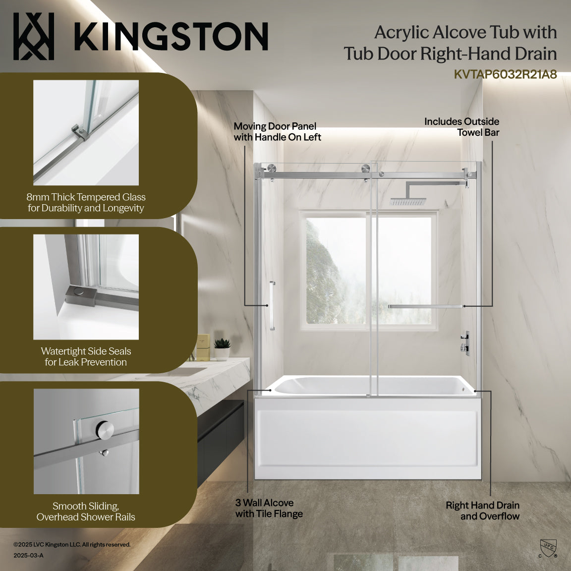 Kingston Brass KVTAP6032R21A0 60" Acrylic Rectangular 3-Wall Anti-Skid Alcove Tub Combo with Tub Door (Right Hand Drain), White/Matte Black