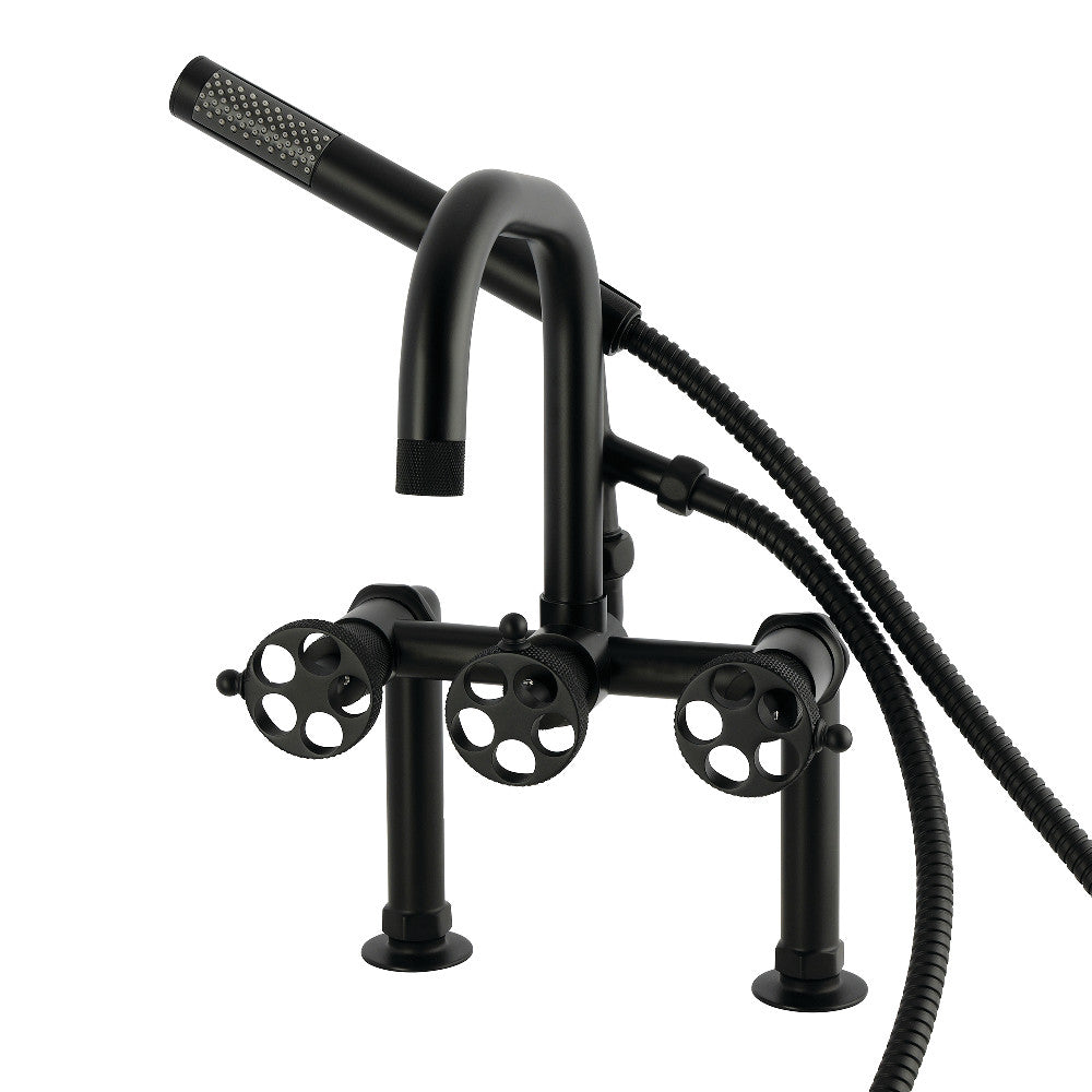 Kingston Brass AE6000RKX Webb 7" Center Deck-Mount Clawfoot Tub Faucet with Knurled Handle and Hand Shower, Matte Black