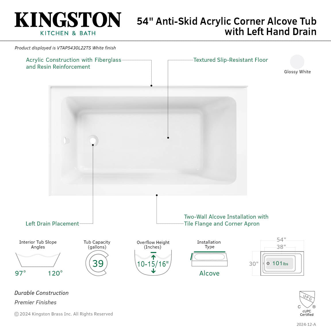 Aqua Eden VTAP5430L22TS 54" Acrylic Rectangular 2-Wall Corner Alcove Tub, Left Hand Drain, Glossy White