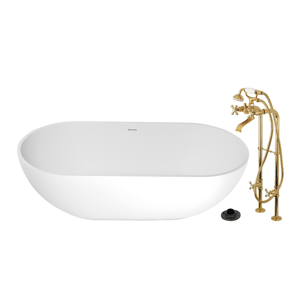 Kingston Brass KRTRS7035266K2 70" Solid Surface Oval Double Ended Freestanding Tub with Faucet Combo and Drain, Polished Brass
