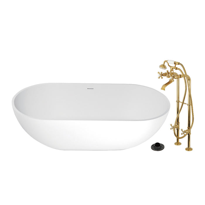 Kingston Brass KRTRS7035266K2 70" Solid Surface Oval Double Ended Freestanding Tub with Faucet Combo and Drain, Polished Brass