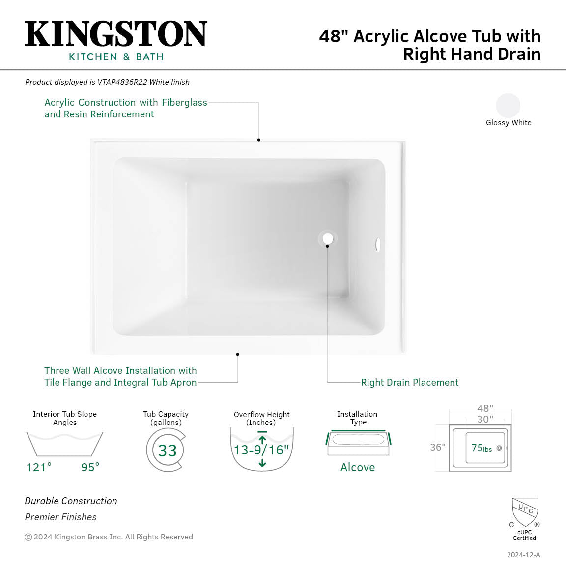 Aqua Eden VTAP4836R22 48" Acrylic Rectangular 3-Wall Alcove Tub, Right Hand Drain, Glossy White