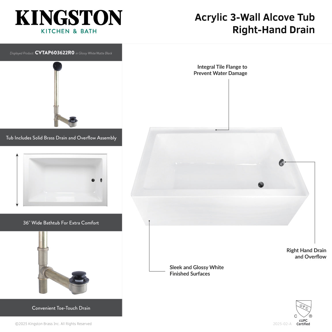 Aqua Eden CVTAP603622R7 60" Acrylic Rectangular 3-Wall Alcove Tub Combo with Waste and Overflow Drain (Right Hand Drain), Glossy White/Brushed Brass
