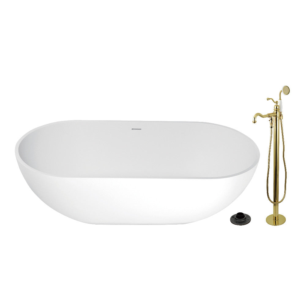Kingston Brass KRTRS7035132AL 70" Solid Surface Oval Double Ended Freestanding Tub with Faucet Combo and Drain, Polished Brass
