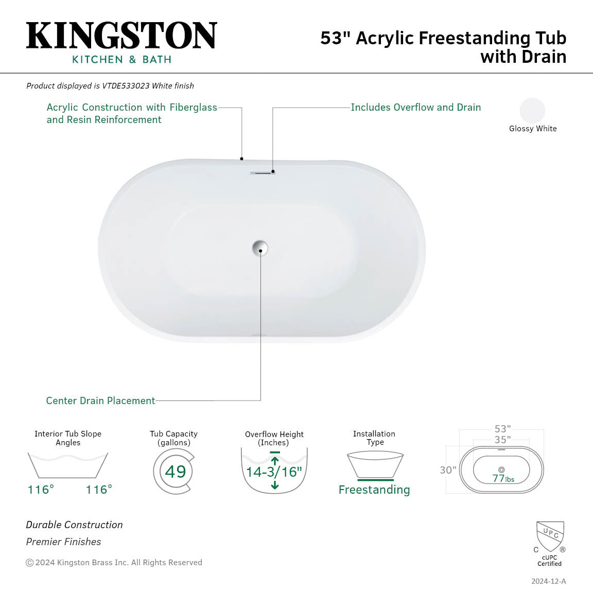 Kingston Brass VTDE533023 53" Acrylic Oval Double Ended Freestanding Tub with Drain, Glossy White