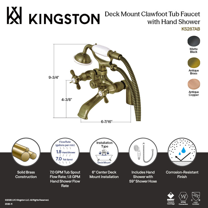 Kingston Brass KS287AC Essex 6" Center Deck-Mount Clawfoot Tub Faucet with Hand Shower, Antique Copper