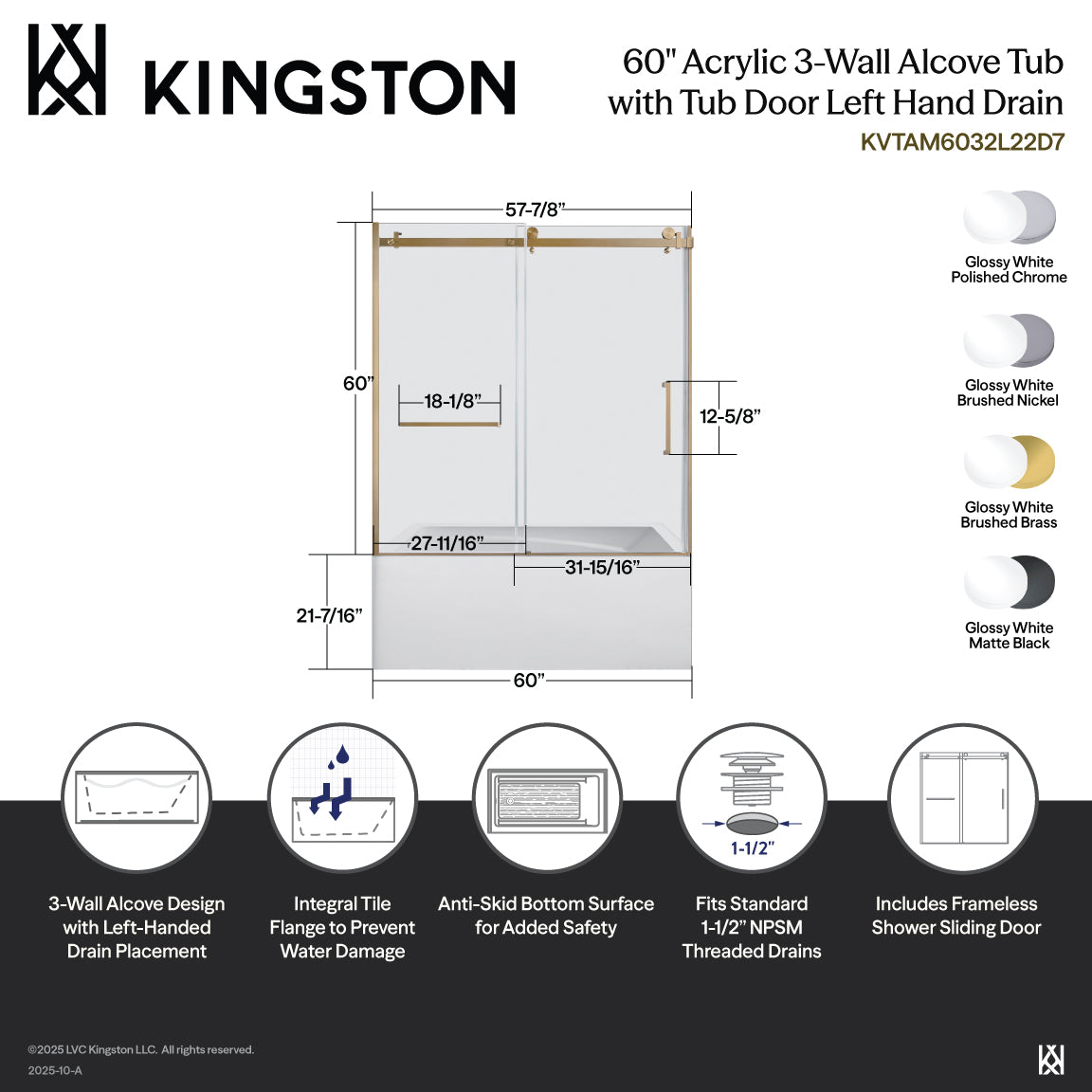 Kingston Brass KVTAM6032L22D7 60" Acrylic Rectangular 3-Wall Anti-Skid Alcove Tub Combo with Tub Door (Left Hand Drain), White/Brushed Brass