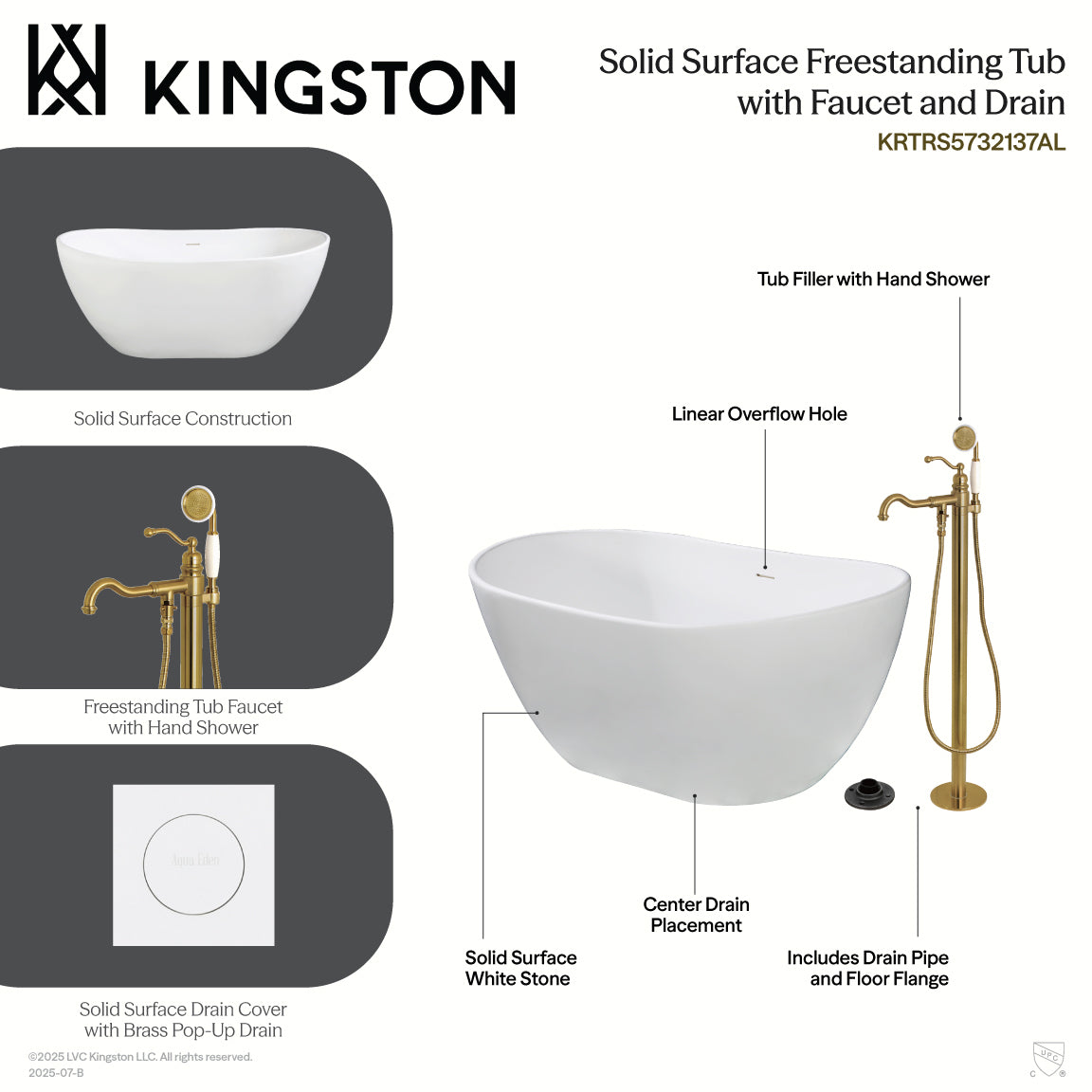 Kingston Brass KRTRS5732131AL 57" Solid Surface Oval Double Slipper Freestanding Tub with Faucet Combo and Drain, Polished Chrome