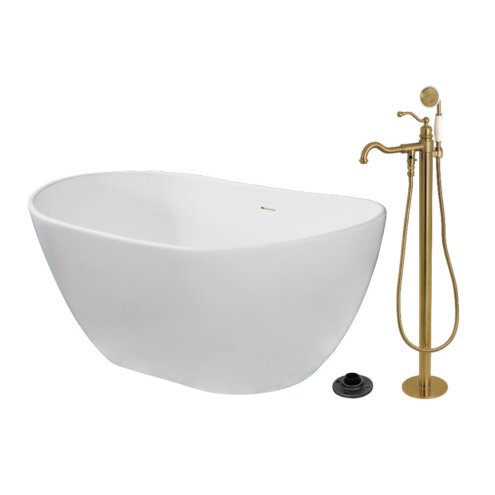 Kingston Brass KRTRS5732137AL 57" Solid Surface Oval Double Slipper Freestanding Tub with Faucet Combo and Drain, Brushed Brass