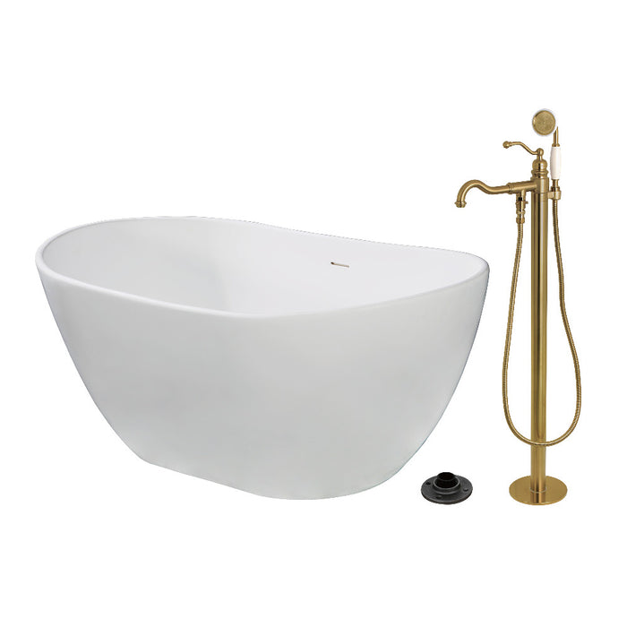 Kingston Brass KRTRS5732137AL 57" Solid Surface Oval Double Slipper Freestanding Tub with Faucet Combo and Drain, Brushed Brass