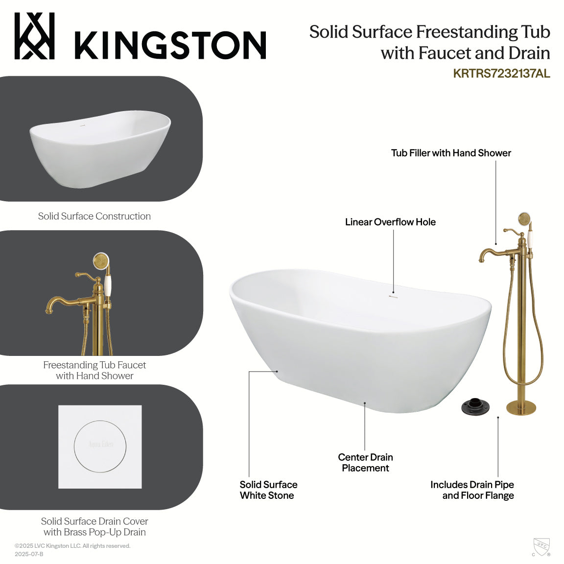 Kingston Brass KRTRS7232131AL 72" Solid Surface Oval Double Ended Freestanding Tub with Faucet Combo and Drain, Polished Chrome