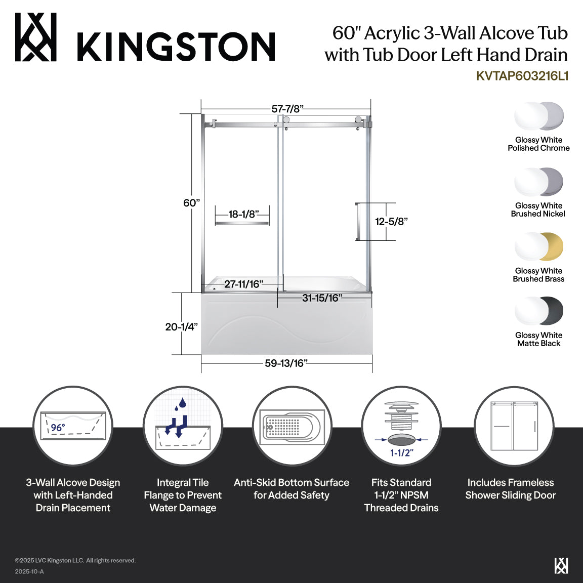 Kingston Brass KVTAP603216L0 60" Acrylic Rectangular 3-Wall Anti-Skid Alcove Tub Combo with Tub Door (Left Hand Drain), White/Matte Black