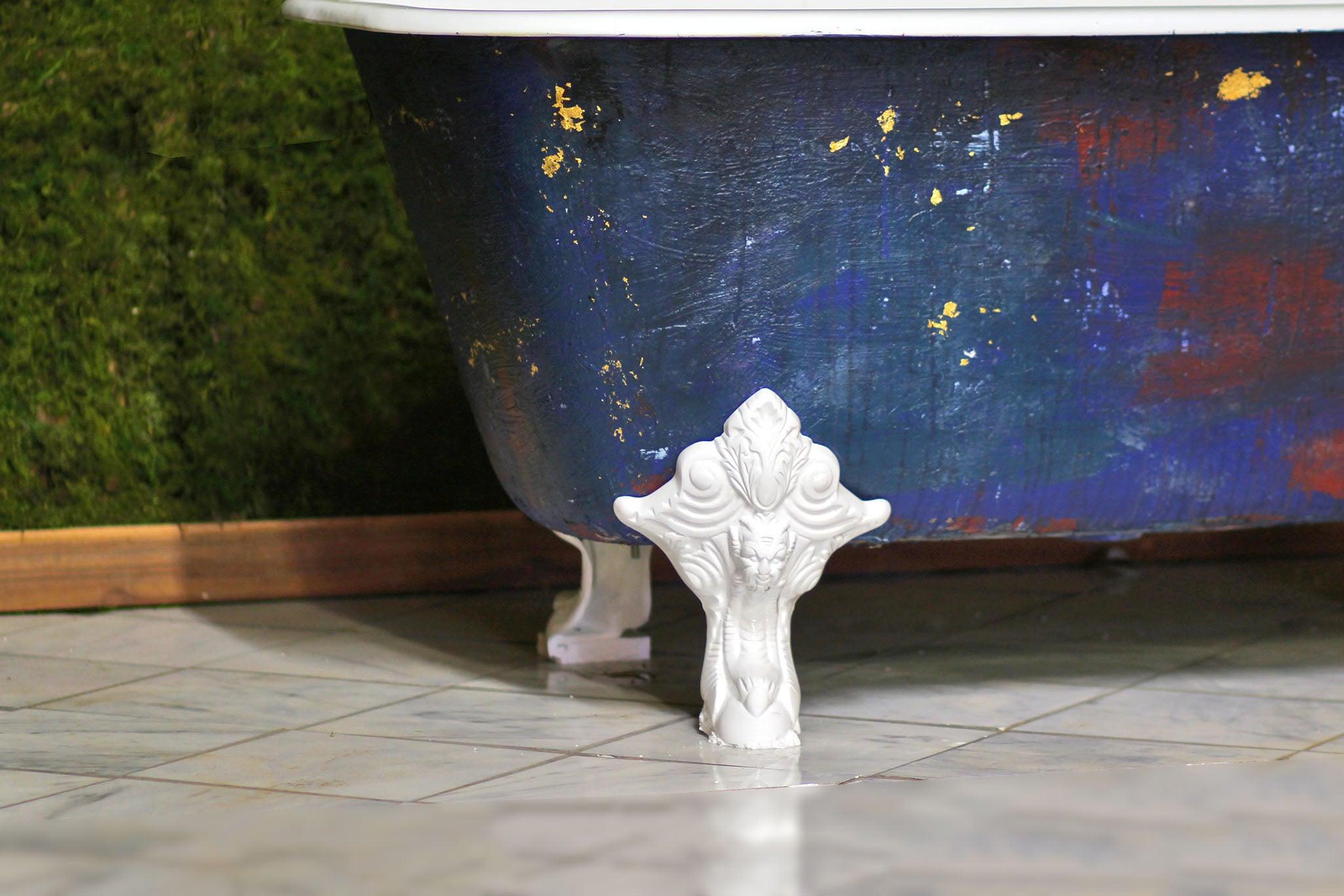 WatermarkFixtures Square Cast Iron Clawfoot Bathtub Trompe L’oeil Antiqued Lagniappe Freestanding Claw Tub - Degas Blue - Bathroom Design Center