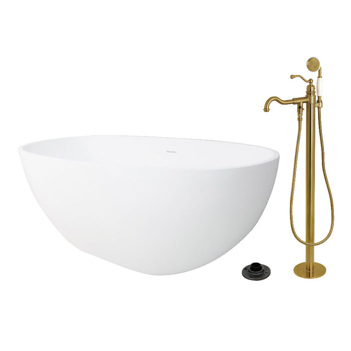 Kingston Brass KRTRS6531137AL 65" Solid Surface Oval Double Ended Freestanding Tub with Faucet Combo and Drain, Brushed Brass
