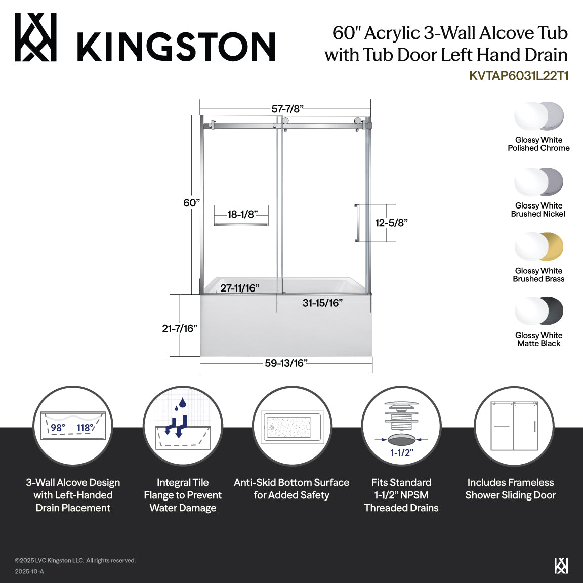 Kingston Brass KVTAP6031L22T1 60" Acrylic Rectangular 3-Wall Anti-Skid Alcove Tub Combo with Tub Door (Left Hand Drain), White/Polished Chrome