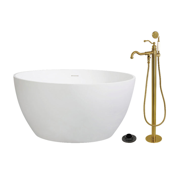 Kingston Brass KRTRO4545137AL 45" Solid Surface Round Double Ended Freestanding Tub with Faucet Combo and Drain, Brushed Brass