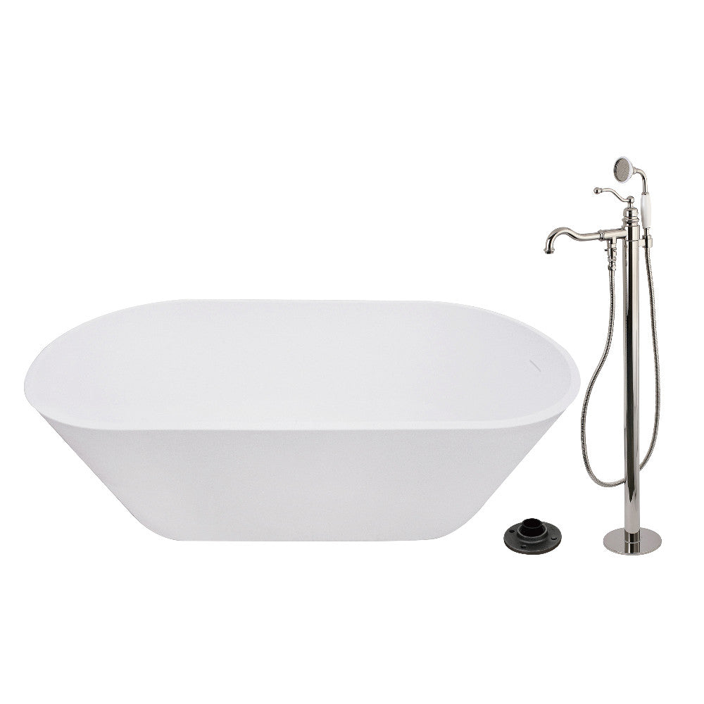Kingston Brass KRTRS6731136AL 67" Solid Surface Oval Double Ended Freestanding Tub with Faucet Combo and Drain, Polished Nickel